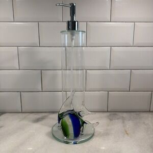 Unique Hand Blown Glass Fish Soap/lotion Clear Glass Dispenser Blue/green